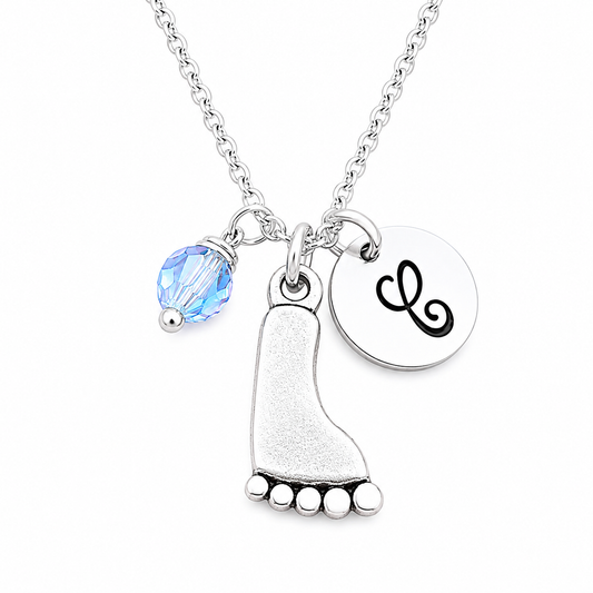 Personalized Sterling Silver Foot Charm Necklace – Custom Birthstone & Initial