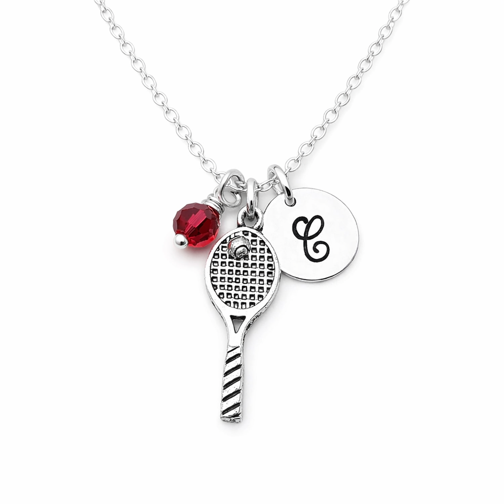 Tennis Racquet Necklace – Sterling Silver with Birthstone & Initial Charm