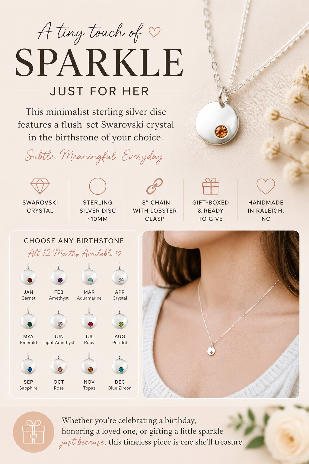 Swarovski Birthstone Disc Necklace – Sterling Silver