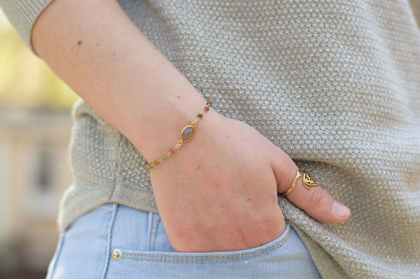 Labradorite and Tourmaline Gold Bracelet