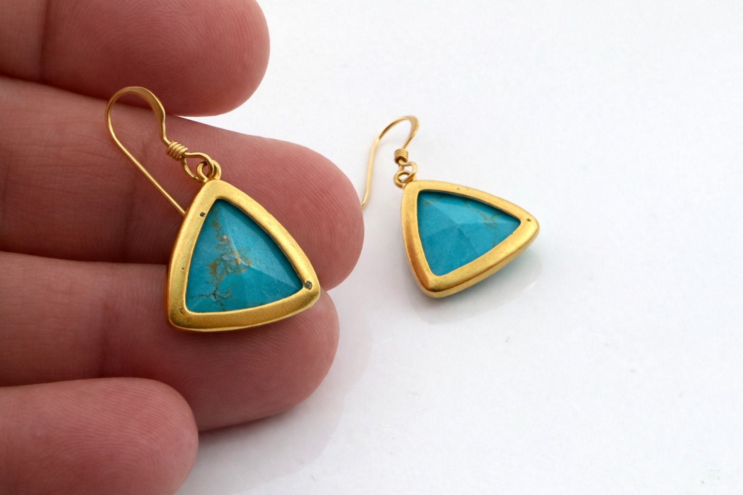 Dainty Turquoise Howlite Triangle Drop Earrings – Gold Framed – Gold Filled Ear Wires – 1” Dangle
