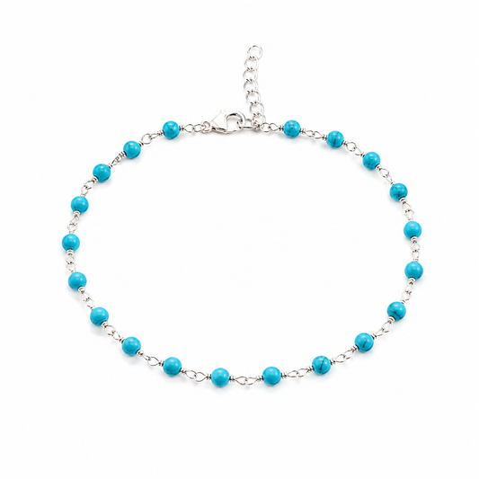 Delicate Turquoise Gemstone Wire Wrapped Bracelet – Sterling Silver Beaded Bracelet – Adjustable 7–8 Inch Handmade Jewelry
