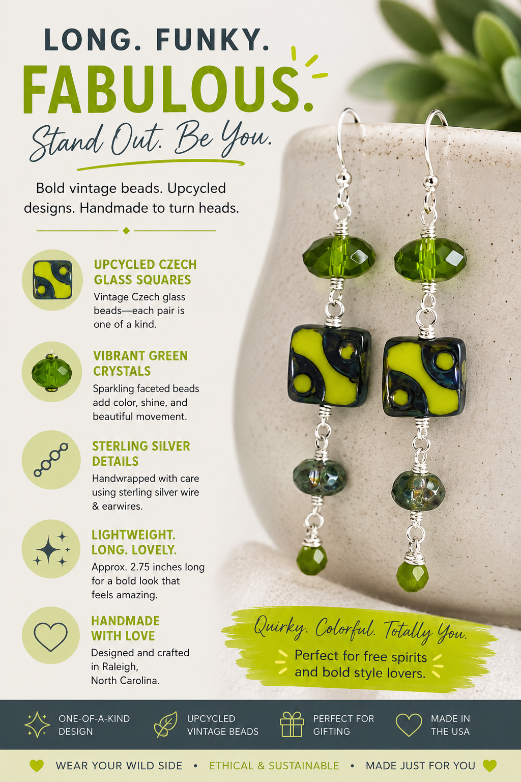 Funky Upcycled Czech Glass & Crystal Earrings – Sterling Silver