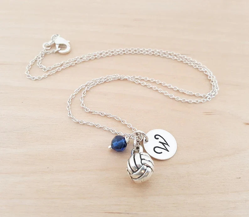 Personalized Volleyball Necklace – Sterling Silver Charm with Birthstone & Initial
