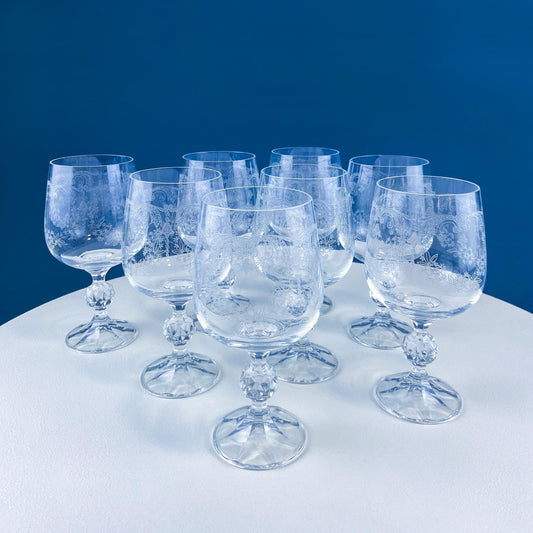 Vintage Bohemian Crystal Wine Water Iced Tea Goblets. Queen's Lace Motif. Set of 8 Etched Stemware. Gift for Him Her. Dining Room Decor.