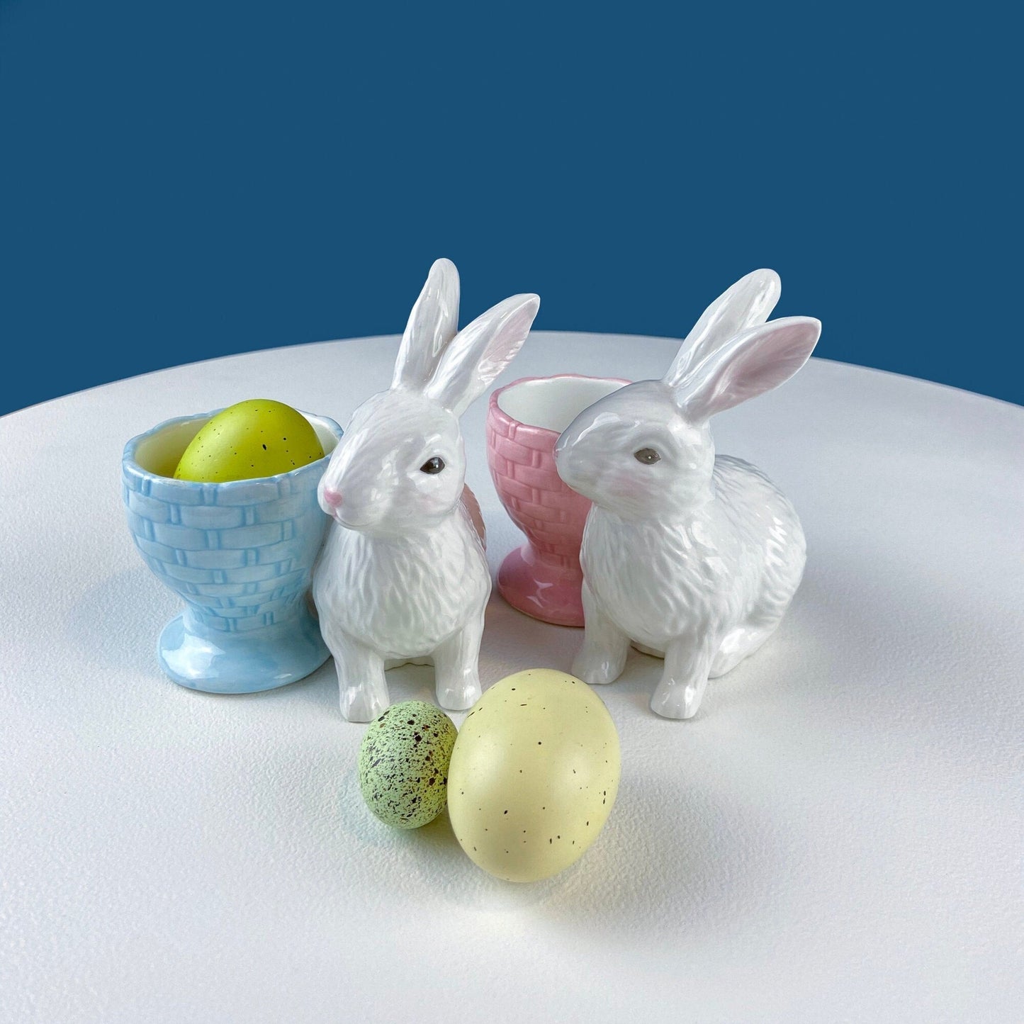 Cute Boy and Girl Bunnies Egg Cups. Rabbits with Blue and Pink Baskets. Set of Two Serving Dishes. Easter/Spring Celebration.