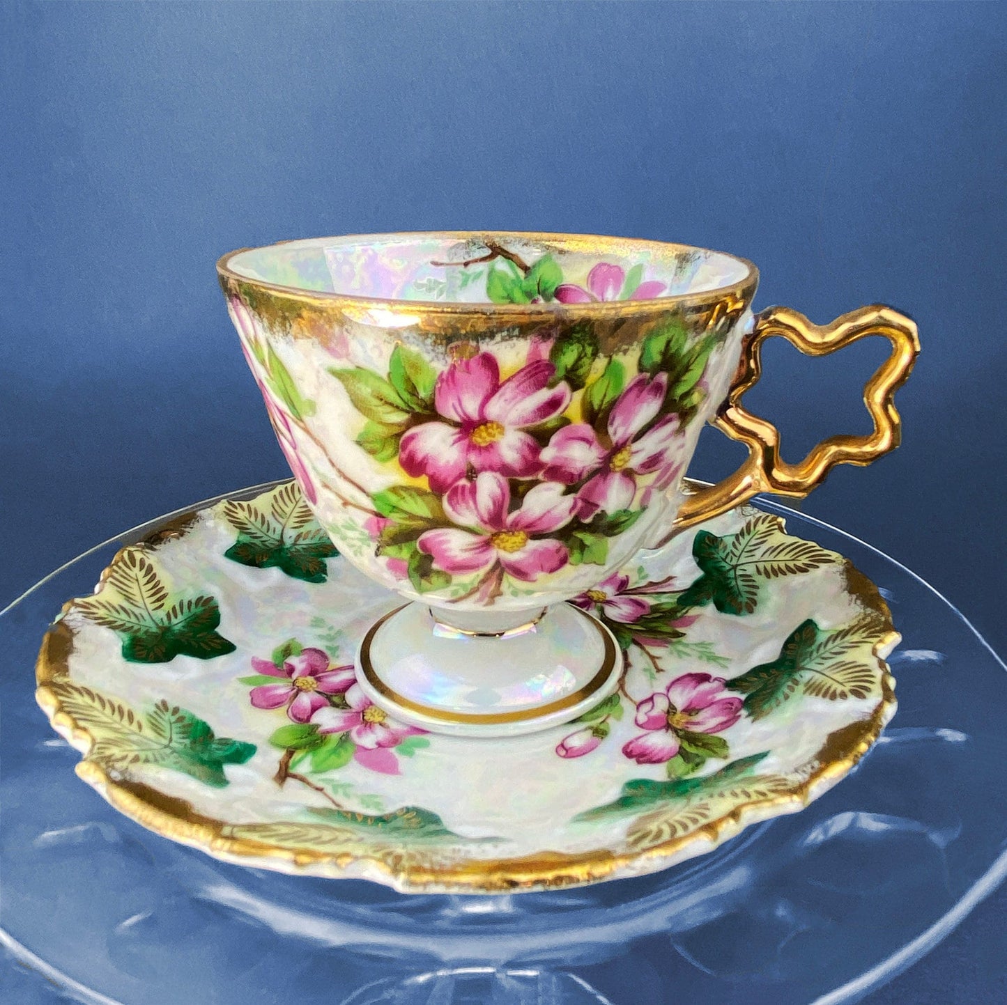 Vintage Metasco Tea Cup and Saucer. Made in Japan. Cherry Blossom Motif. Iridescent Background. Collectible Tea Set.