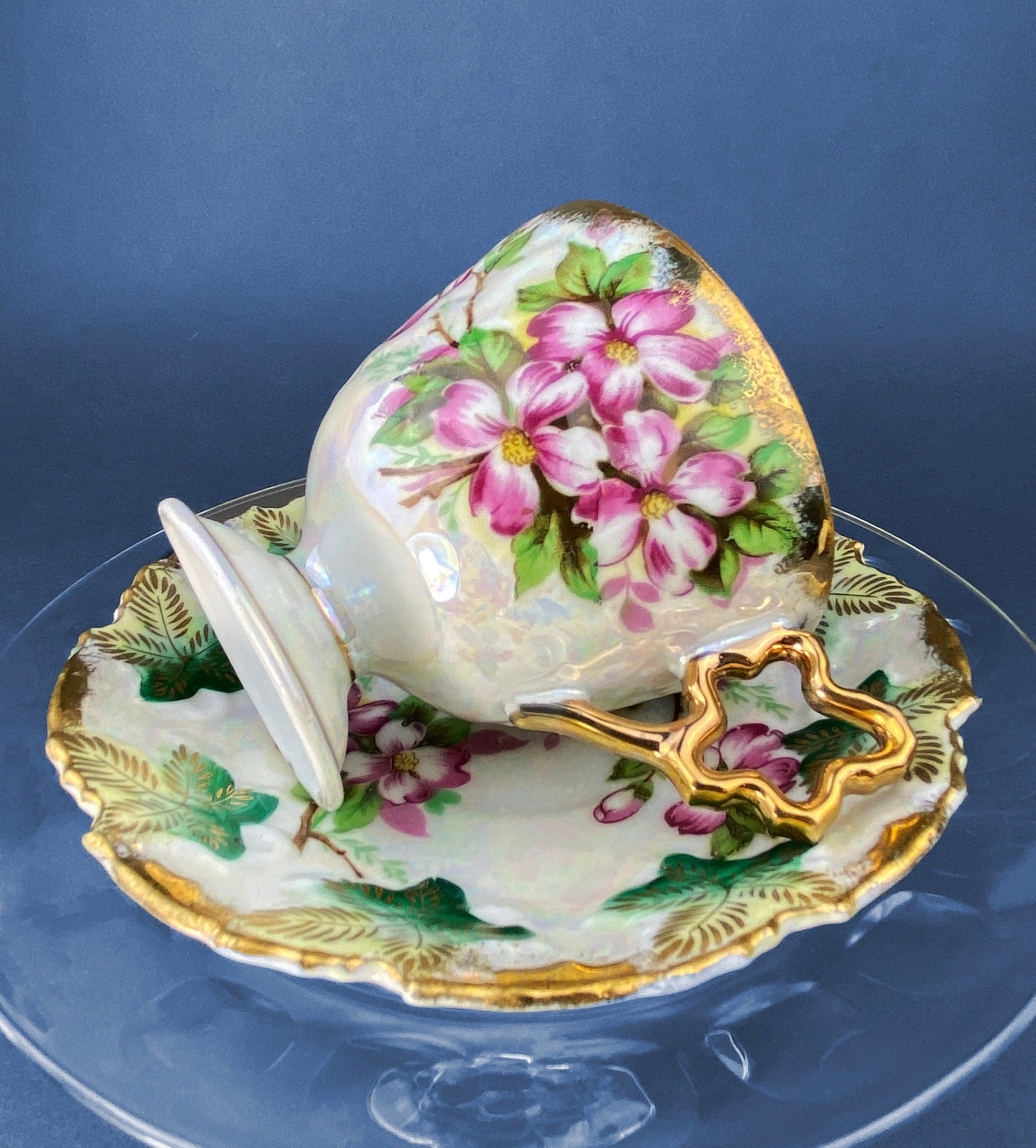 Vintage Metasco Tea Cup and Saucer. Made in Japan. Cherry Blossom Motif. Iridescent Background. Collectible Tea Set.