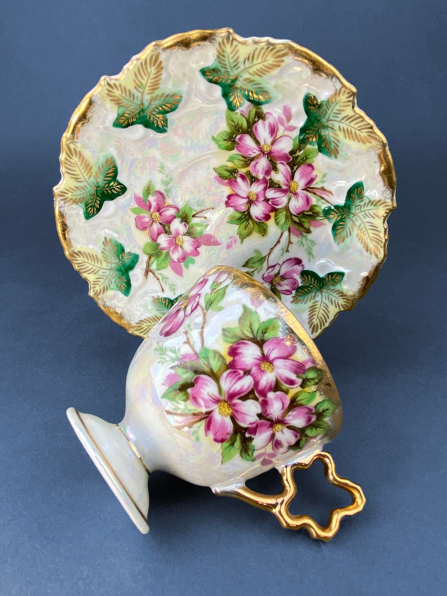 Vintage Metasco Tea Cup and Saucer. Made in Japan. Cherry Blossom Motif. Iridescent Background. Collectible Tea Set.