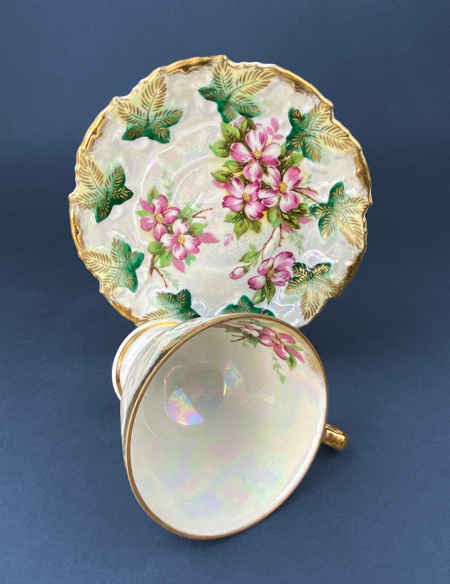 Vintage Metasco Tea Cup and Saucer. Made in Japan. Cherry Blossom Motif. Iridescent Background. Collectible Tea Set.