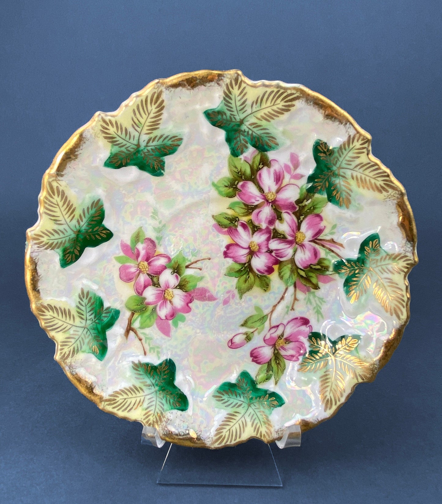 Vintage Metasco Tea Cup and Saucer. Made in Japan. Cherry Blossom Motif. Iridescent Background. Collectible Tea Set.