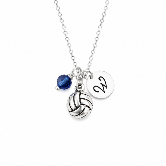 Personalized Volleyball Necklace – Sterling Silver Charm with Birthstone & Initial