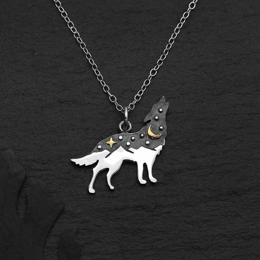 Sterling Silver Wolf Necklace – Howling Wolf with Moon & Star Pendant