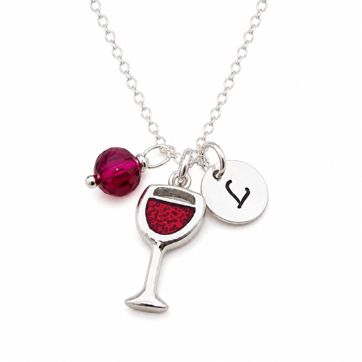 Glass of Wine Necklace – Sterling Silver with Birthstone & Initial Charm