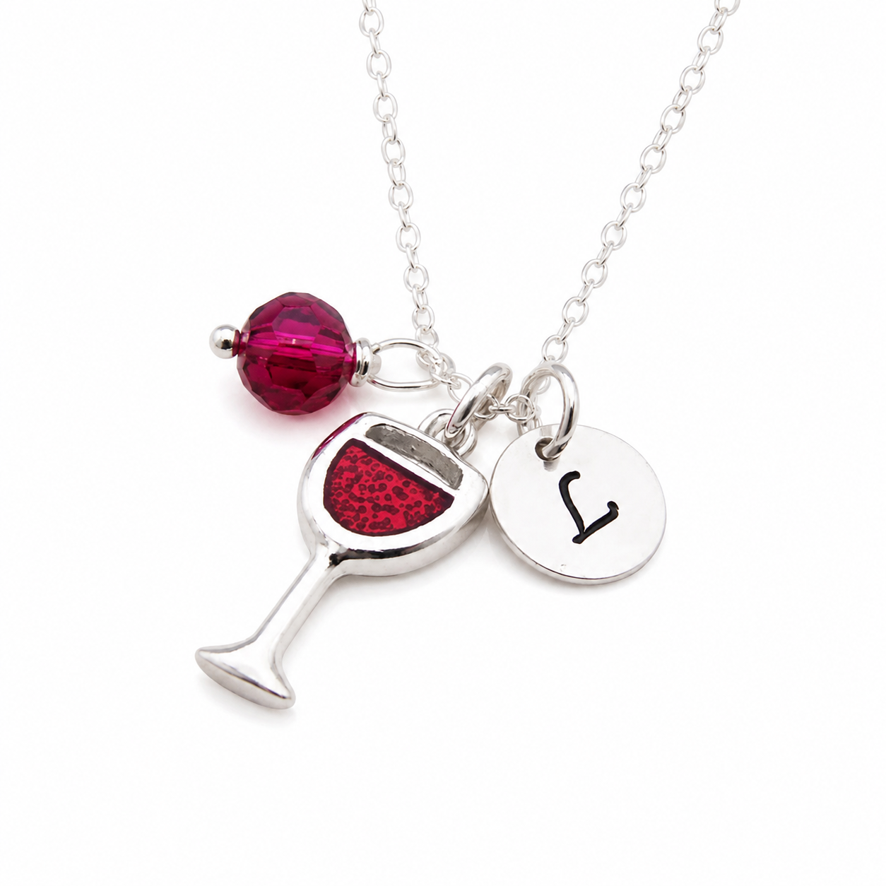 Glass of Wine Necklace – Sterling Silver with Birthstone & Initial Charm