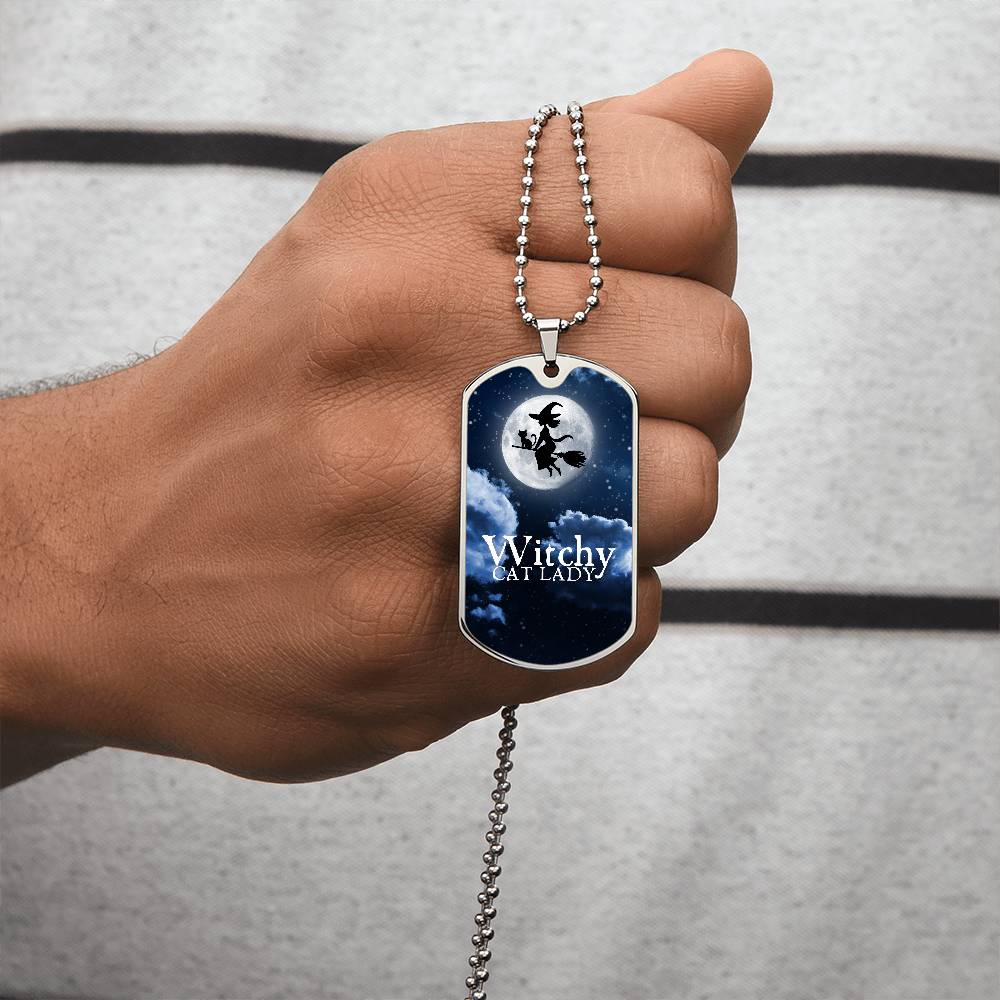 Witchy Cat Lady Dog Tag Necklace