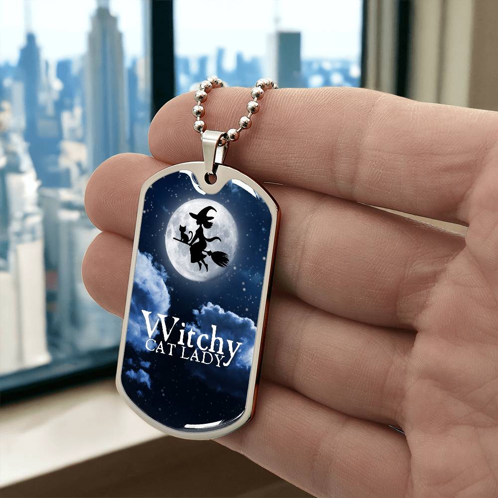 Witchy Cat Lady Dog Tag Necklace