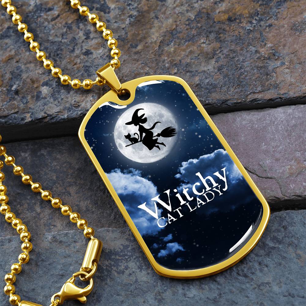 Witchy Cat Lady Dog Tag Necklace