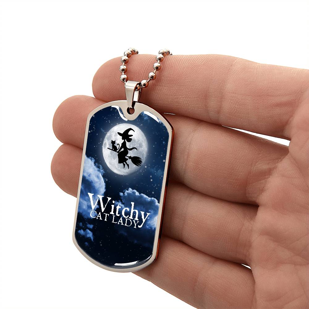 Witchy Cat Lady Dog Tag Necklace