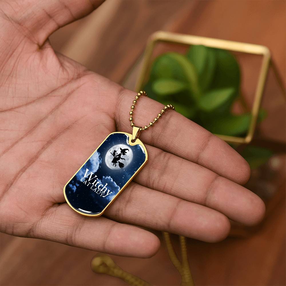 Witchy Cat Lady Dog Tag Necklace