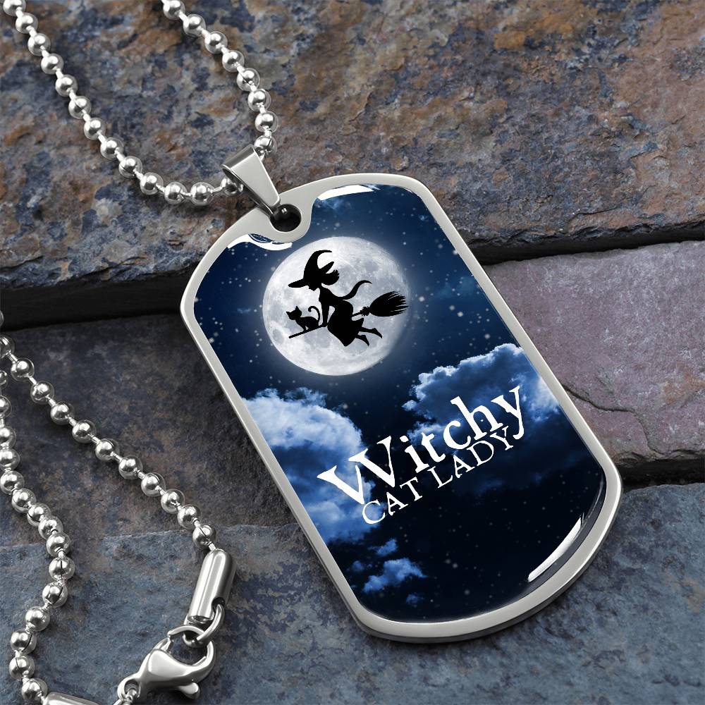 Witchy Cat Lady Dog Tag Necklace