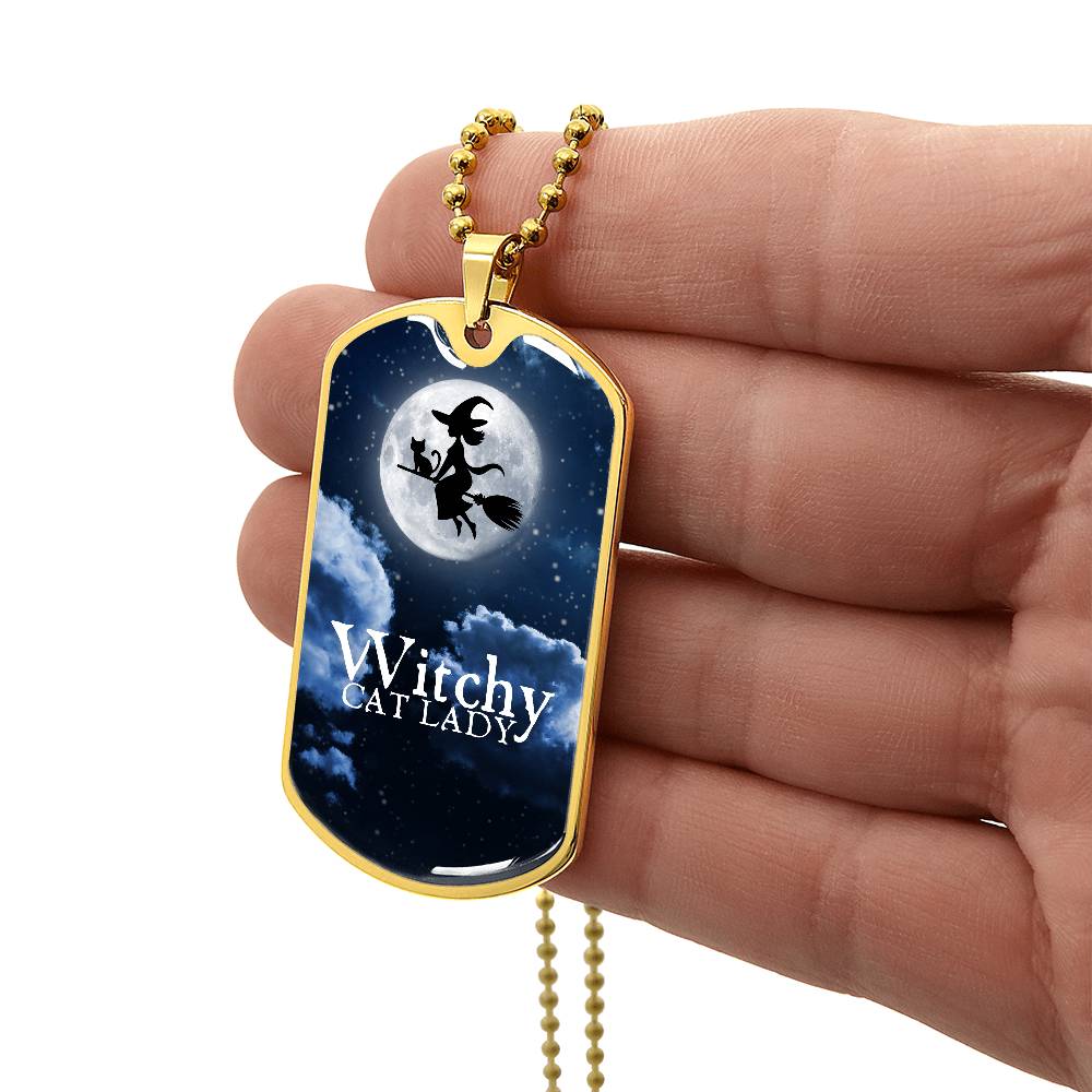 Witchy Cat Lady Dog Tag Necklace