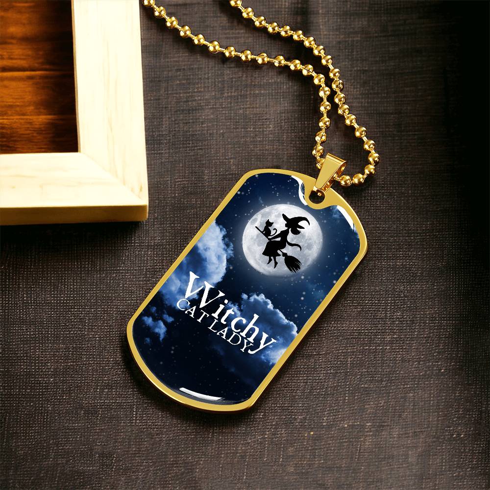 Witchy Cat Lady Dog Tag Necklace